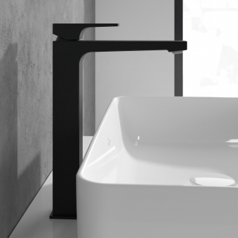 Villeroy & Boch Architectura Square Tall Basin Mixer Tap with Push Button Slotted Waste - Matt Black