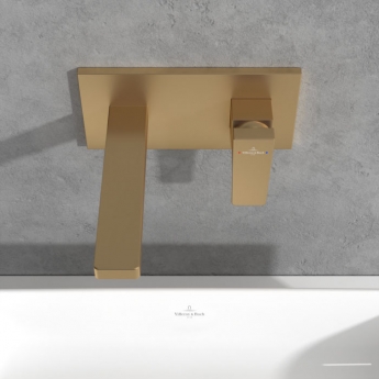 Villeroy & Boch Architectura Wall Mounted Basin Mixer Tap with Back Plate and Slotted Waste - Brushed Gold