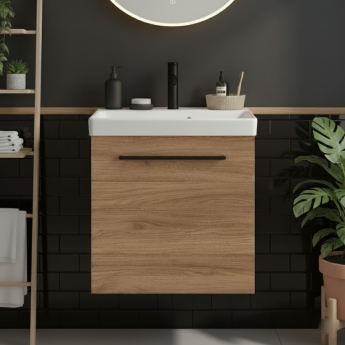 Villeroy & Boch Avento Wall Hung Vanity Unit LH with Basin 550mm Wide - Oak Kansas with Black Handle | Product Image