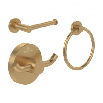 V&B Elements Tender Toilet Roll Holder, Towel Ring and Double Robe Hook - Brushed Gold