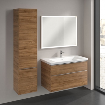 Villeroy & Boch Subway 3.0 Left Handed Wall Hung 2-Door Tall Unit 400mm Wide - Oak Kansas with Glossy Aluminium Handle