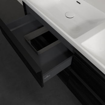 Villeroy & Boch Subway 3.0 Wall Hung 4-Drawer Vanity Unit with Basin 1300mm Wide - Black Oak with Volcano Black Handle | Product Image