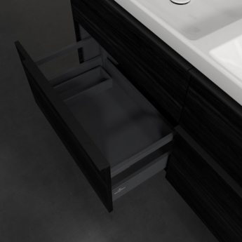 Villeroy & Boch Subway 3.0 Wall Hung 4-Drawer Vanity Unit with Basin 1300mm Wide - Black Oak with Volcano Black Handle | Product Image