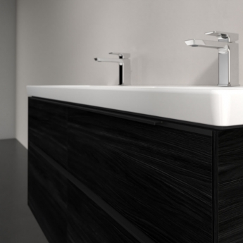 Villeroy & Boch Subway 3.0 Wall Hung 4-Drawer Vanity Unit with Basin 1300mm Wide - Black Oak with Volcano Black Handle | Product Image