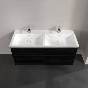 Villeroy & Boch Subway 3.0 Wall Hung 4-Drawer Vanity Unit with Basin 1300mm Wide - Black Oak with Volcano Black Handle | Product Image