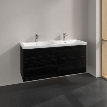 Villeroy & Boch Subway 3.0 Wall Hung 4-Drawer Vanity Unit with Basin 1300mm Wide - Black Oak with Volcano Black Handle | Product Image