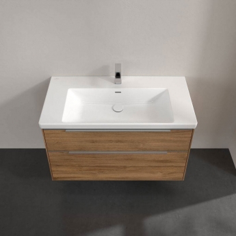 Villeroy & Boch Subway 3.0 Wall Hung 2-Drawer Vanity Unit with Basin 1000mm Wide - Oak Kansas with Glossy Aluminium Handle