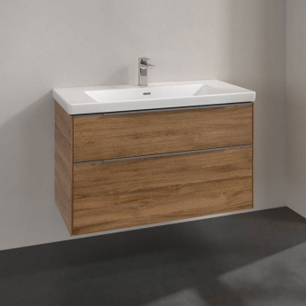 Villeroy & Boch Subway 3.0 Wall Hung 2-Drawer Vanity Unit with Basin 1000mm Wide - Oak Kansas with Glossy Aluminium Handle