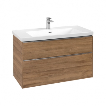 Villeroy & Boch Subway 3.0 Wall Hung 2-Drawer Vanity Unit with Basin 1000mm Wide - Oak Kansas with Glossy Aluminium Handle