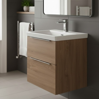 Villeroy & Boch Subway 3.0 Wall Hung 2-Drawer Vanity Unit with Basin 600mm Wide - Oak Kansas with Glossy Aluminium Handle | Product Image