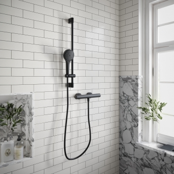 Villeroy & Boch Universal Thermostatic Round Bar Mixer Shower with Shower Riser Kit - Matt Black | Product Image