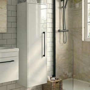 Duravit D-Code 400mm 1-Door Left Hand Opening Tall Unit with Black Handle - Gloss White | Product Image