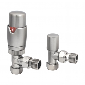 Heatwave Prime Brushed Nickel Angled Thermostatic Radiator Valve Set | Product Image