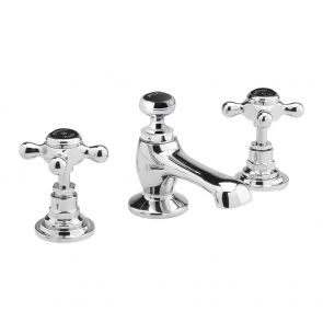 Hudson Reed Topaz Black Crosshead 3-Hole Basin Mixer Tap with Pop Up Waste Hexagonal Collar
