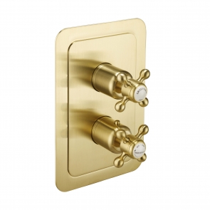 JTP Grosvenor Cross Vertical Thermostatic Concealed 2 Outlets Shower Valve Dual Handle - Brushed Brass