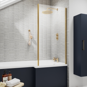 Nuie Pacific Brushed Brass Framed Square Fixed Bath Screen with Return Panel 1400mm H x 815mm W - 6mm Glass | Product Image