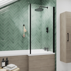 Nuie Pacific Matt Black Framed Square Bath Screen with Fixed Return Panel 1400mm H x 815mm W - 6mm Glass | Product Image