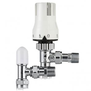 Value Angled Thermostatic Radiator Valve and Lockshield - 15mm - White/Chrome