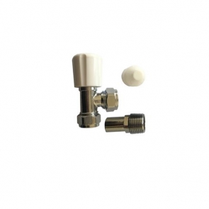 Plumbright Single Angled Radiator Valve with White Plastic Wheelhead and Lockshield Caps 15mm - Chrome Plated	
