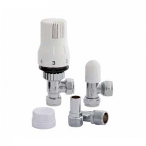 Plumbright Angled Thermostatic Radiator Valve and Lockshield Valve Pack (15mm) - White Head
