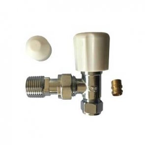 Plumbright Angled Radiator Valve with Lockshield Caps and Reducer (10/8mm) - Wheel Head
