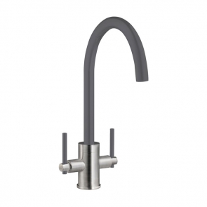 Prima Coloured Swan Neck Dual Lever Kitchen Sink Mixer Tap - Gun Metal/Brushed Steel