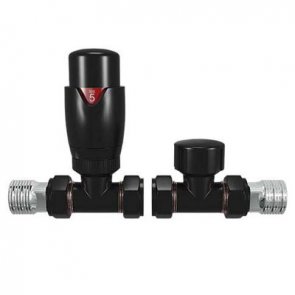 Redroom Straight Thermostatic Valves Pair and Lockshield - Black