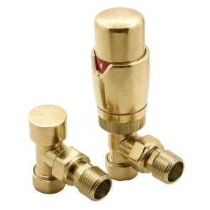Reina Modal TRV Angled Radiator Valve and Lockshield Brushed Brass | Product Image