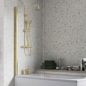 Signature Single Square Hinged Bath Screen 1400mm High x 800mm Wide - Brushed Brass | Product Image