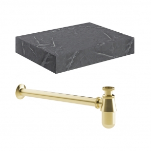 Signature Grove Wall Hung Basin Shelf Brushed Brass Bottle Trap 600mm Wide - Grey Marble | Product Image