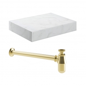 Signature Grove Wall Hung Basin Shelf with Brushed Brass Bottle Trap 600mm Wide - White Marble | Product Image