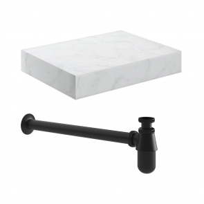 Signature Grove Wall Hung Basin Shelf with Black Bottle Trap 600mm Wide - White Marble | Product Image