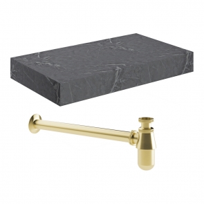Signature Grove Wall Hung Basin Shelf with Brushed Brass Bottle Trap 800mm Wide - Grey Marble