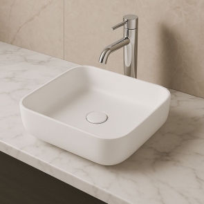 Signature Olmec Square Countertop Basin with Unslotted Waste 390mm Wide 0 Tap Hole - Matt White