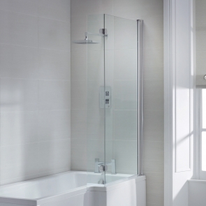 Trojan Pure L-Shaped Hinged Bath Screen with Fixed End Panel and Towel Rail - Chrome | Product Image