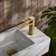 Bristan Saffron Eco Start Small Basin Mixer Tap with Clicker Waste - Brushed Brass