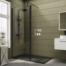 Delphi Accents Matt Black 8mm Wet Room Shower Screen & Hinged Return (inc Slate Grey Tray)
