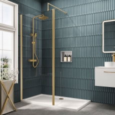 Delphi Accents Brushed Brass 8mm Wet Room Shower Screen & Hinged Return (inc White Tray)
