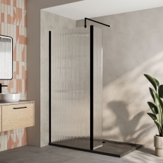 Delphi Accents Fluted Matt Black 8mm Wet Room Shower Screen & Hinged Return (inc Slate Grey Tray)