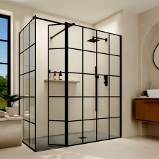 Delphi Accents Grid Matt Black Walk-In Shower Enclosure with Return Panel