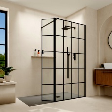 Delphi Accents Grid Matt Black Wet Room Shower Screen with Return Panel