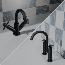 Delphi Axiom Crosshead Matt Black Basin Mixer and Bath Filler Tap Set (inc Press Top Waste)