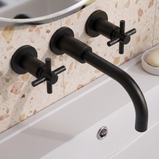 Delphi Axiom Crosshead Matt Black 3-Hole Wall Mounted Basin Mixer Tap
