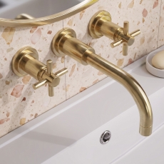 Delphi Axiom Crosshead Brushed Brass 3-Hole Wall Mounted Basin Mixer Tap