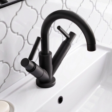 Delphi Axiom Dual Lever Matt Black Swivel Spout Mono Basin Mixer Tap (inc Press Top Waste)