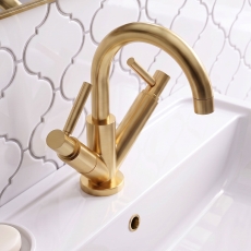 Delphi Axiom Dual Lever Brushed Brass Swivel Spout Mono Basin Mixer Tap (inc Press Top Waste)