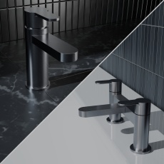 Delphi Loop Brushed Pewter Basin Mixer and Bath Filler Tap Set (inc Press Top Waste)