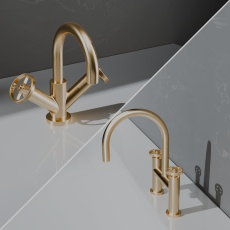 Delphi Turbine Brushed Brass Basin Mixer and Bath Filler Tap Set (inc Press Top Waste)
