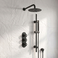 Delphi Turbine Matt Black Triple Concealed Shower Set with Fixed Head and Slide Rail Kit