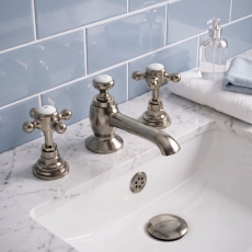 Delphi Windsor Crosshead Brushed Pewter 3-Hole Basin Mixer Tap (inc Pop-Up Waste)